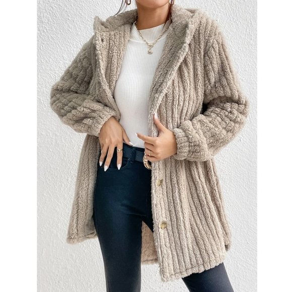 Khaki Button Front Hooded Teddy Coat - Picture 7 of 7